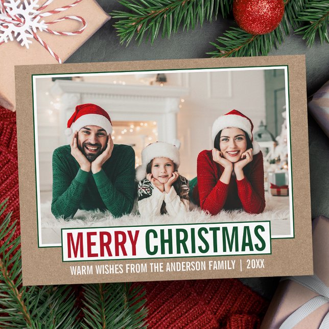 Modern God jul Family Photo Kraft Vykort (Customize to change your personalized text size or text style.)