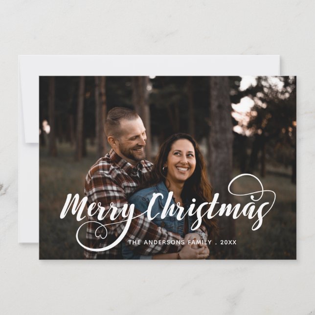 Modern God jul Family Photo Namn Tartan Ho Julkort (Framsida)