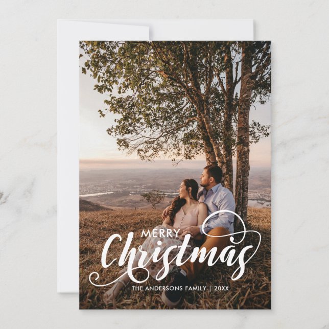 Modern God jul Family Photo Namn Tartan Julkort (Framsida)