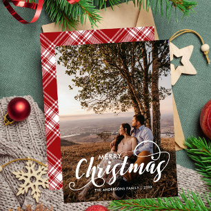 Modern God jul Family Photo Namn Tartan Julkort