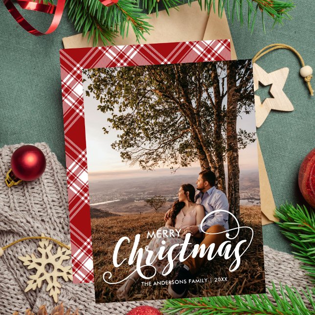 Modern God jul Family Photo Namn Tartan Julkort (Skapare uppladdad)