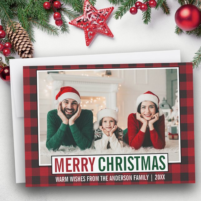 Modern God jul Family Photo Red Play Julkort (Customize to add text to back of card.)