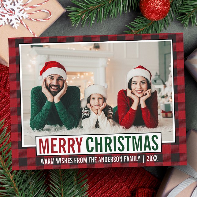 Modern God jul Family Photo Red Play Vykort (Customize to change your personalized text size or text style.)