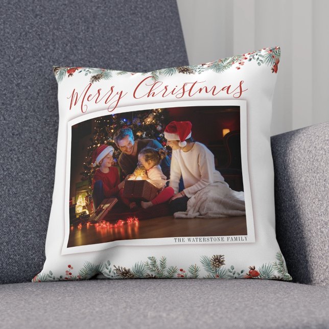 Modern God jul Family Photo Rustic Kudde (Christmas Photo Family Botanical Throw Pillow)