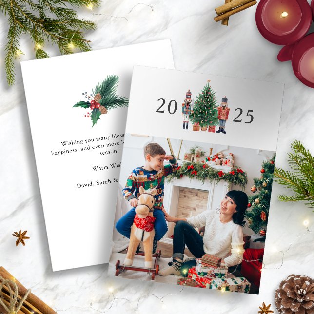 Modern God Jul Foto Högtidskort Julkort (2025 Nutcracker Modern White Merry Christmas Photo Holiday Card
)