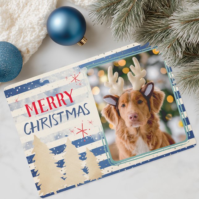 Modern God Jul Foto Semester Julkort (Modern Blue Stripes Photo Christmas Card)