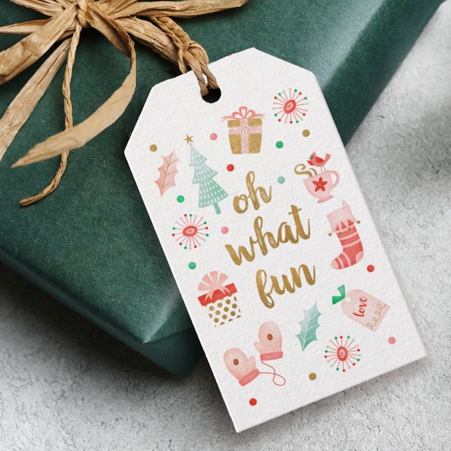 Modern God jul Gift Märkre Presentetikett (Festive Christmas holiday gift tags with the words, "oh What Fun!")