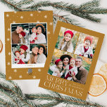 Modern God jul Guld 7 Photo Collage Julkort<br><div class="desc">Enkelt kort och kort för elegant med 3 fotokollage på framsidan med "God jul" som visas i vitt, modernt helgdag på bakgrunden i guld. Anpassa kortets framsida genom att lägga till foton och namn. Kortet återgår till ytterligare foton i visning 4 och året med en vit snöflinga mönster-bakgrund. Multifotokortet är...</div>