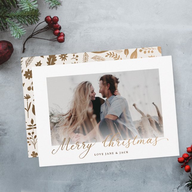 Modern God jul Guld Boho-skriptfoto Julkort (simple modern gold script botanical pattern one photo holiday merry Christmas card
)