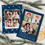 Modern God jul Navy 7 Photo Collage Julkort<br><div class="desc">Enkelt kort och kort för elegant med 3 fotokollage på framsidan med "God jul" som visas i vit, modern helgdag på en marin blå bakgrund. Anpassa kortets framsida genom att lägga till foton och namn. Kortet återgår till ytterligare foton i visning 4 och året med en vit snöflinga mönster-bakgrund. Multifotokortet...</div>