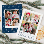 Modern God jul Navy 7 Photo Collage Julkort<br><div class="desc">Enkelt kort och kort för elegant med 3 fotokollage på framsidan med "God jul" som visas i marinblå, modern helgdag. Anpassa kortets framsida genom att lägga till foton och namn. Kortet återgår till ytterligare foton i visning 4 och året med en vit snöflinga mönster-bakgrund. Multifotokortet är en perfekt för att...</div>