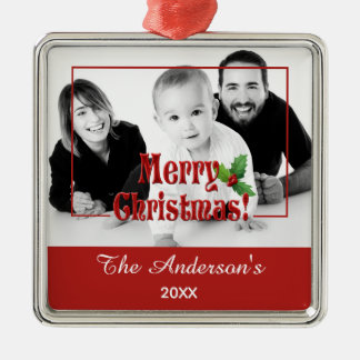 Modern God Jul och Holly Anpassad Foto Röd Julgransprydnad Metall