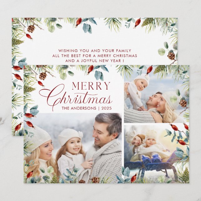 Modern God jul Photo Collage Winter Grönts Julkort (Fram/baksida)