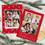 Modern God jul Red 7 Photo Collage Julkort<br><div class="desc">Ett enkelt kort för helgdag och elegant med 3 fotokollage på framsidan med "God jul" som visas med vit, modern text på röd bakgrund. Anpassa kortets framsida genom att lägga till foton och namn. Kortet återgår till ytterligare foton i visning 4 och året med en vit snöflinga mönster-bakgrund. Multifotokortet är...</div>