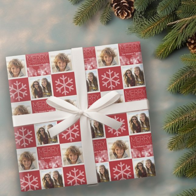 Modern God jul Red Bokeh Personlig Presentpapper (Personalized wrapping paper with 2 photos)