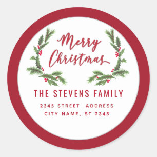 Modern God jul red holly Label Runt Klistermärke