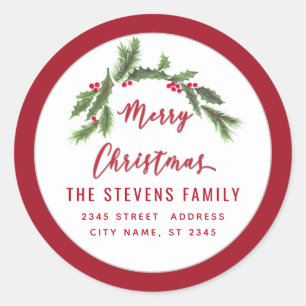 Modern God jul red holly Label Runt Klistermärke