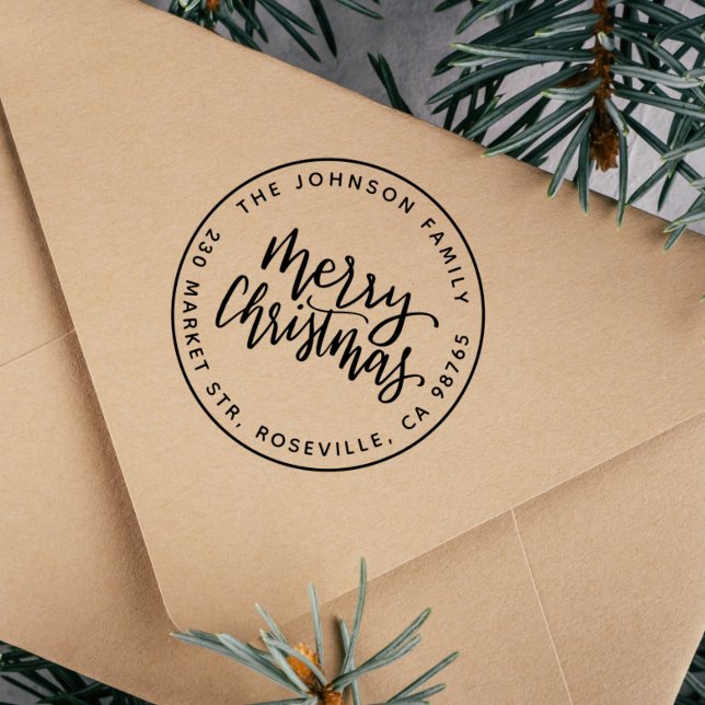 Modern God jul Round-Returadress Självfärgande Stämpel (Rubber Stamp Mock-up)