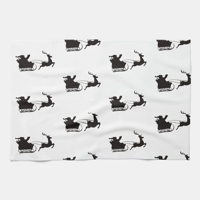 Modern God jul Santa Sleigh och Reindeer Kökshandduk (Horisontell)