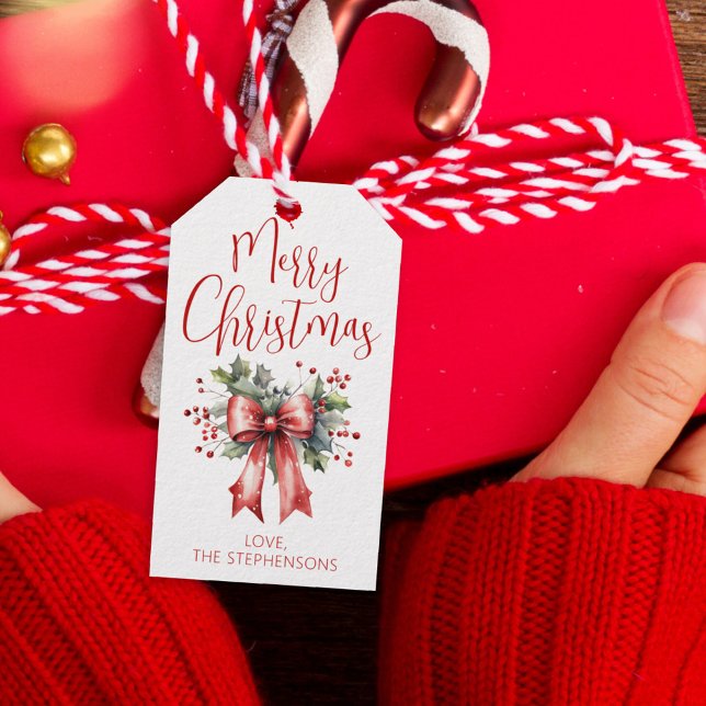 Modern God jul Script Holly Bow Namn Presentetikett (Skapare uppladdad)