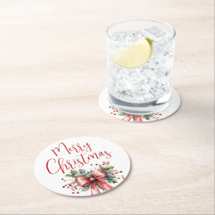 Modern God jul Script Holly Bow Red Underlägg Papper Rund