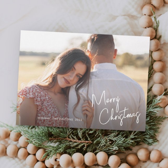 Modern God jul-skript - enkelt foto Julkort (Modern handwritten script merry christmas horizontal photo holiday card.)