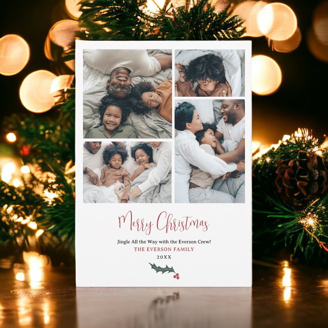 Modern god jul-skriptfamilj 5 foton julkort (Modern merry Christmas script family 5 photos Holiday Card)