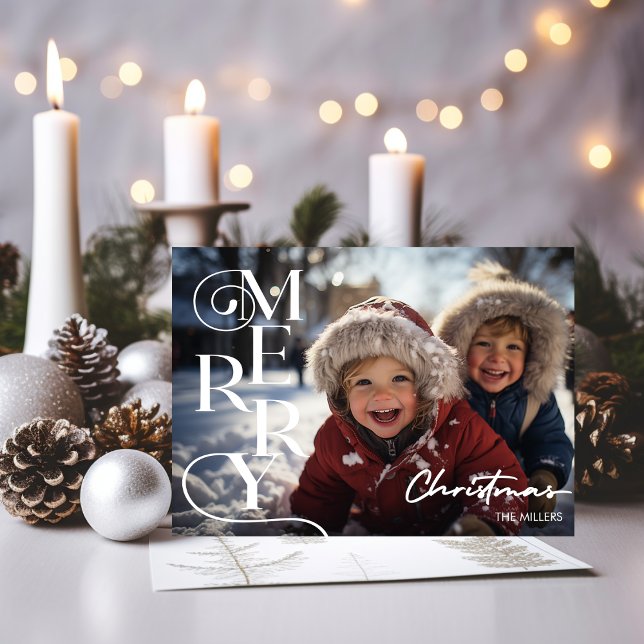 Modern God jul-skripttypografi 1 foto Julkort (Modern Merry Christmas Script Typography 1 Photo Holiday Card)