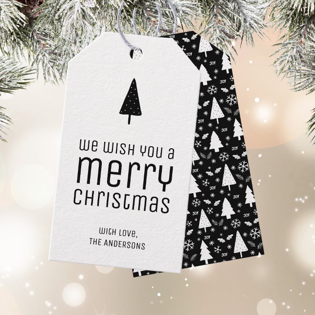 Modern God Jul Svart och Vitt Presentetikett (Modern Merry Christmas Black and White Gift Tags)