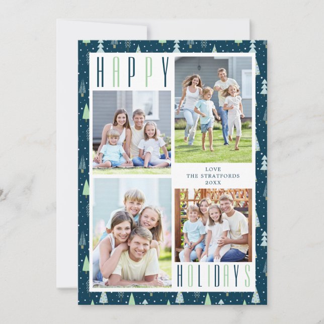 Modern GOD JUL Träd 4 Photos Blue Grönt Julkort (Framsida)