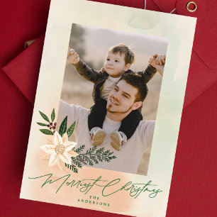 Modern God jul Watercolor Poinsettia Photo Julkort
