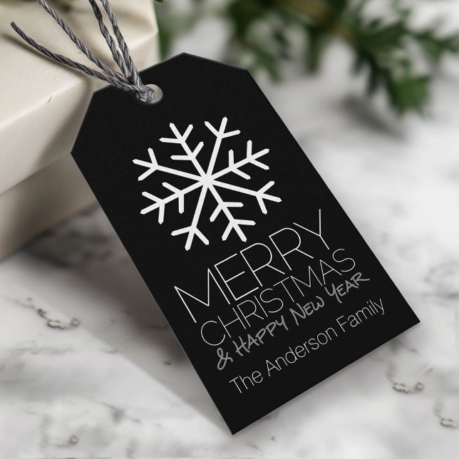 Modern God jul Winter Snowflake Black Presentetikett (Custom Christmas Gift Tag)