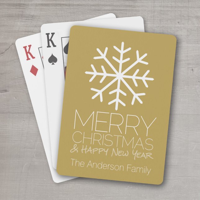 Modern God jul Winter Snowflake - guld Spelkort (Add a family name  to this set of personalized playing cards for the Christmas season.)