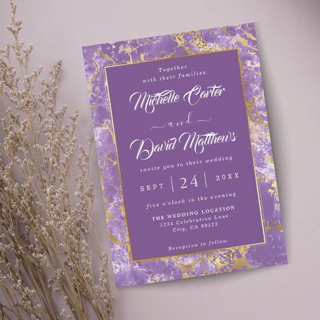Modern Gold And Purple Marble Wedding Invitation Inbjudningar (Skapare uppladdad)