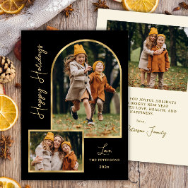 Modern Gold Arch 3 Photo Black Happy Holiday Card Julkort