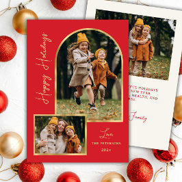 Modern Gold Arch 3 Photo Red Happy Holiday Card Julkort