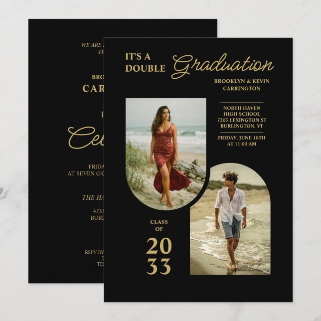 Modern Gold Black Double Grad 2 Photo TMF26 Inbjudningar (Fram/baksida)