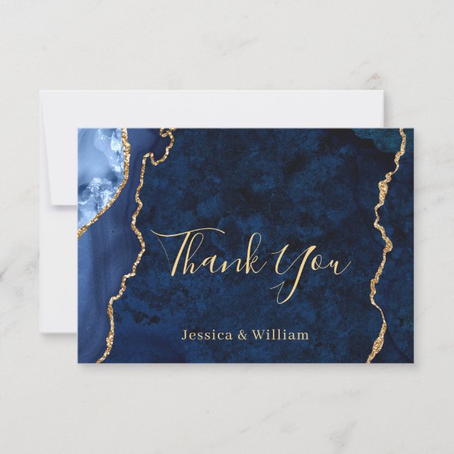 Modern Gold Blue Marble Agate Thank You Card Tack Kort (Framsida)