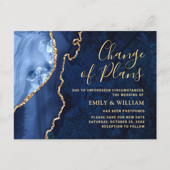 Modern Gold Blue Marble Datum Förändring Uppjorda Vykort (Framsida)