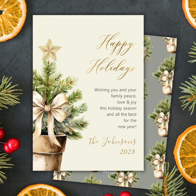 Modern Gold Bow Watercolor Christmas Tree Happy Julkort (Skapare uppladdad)