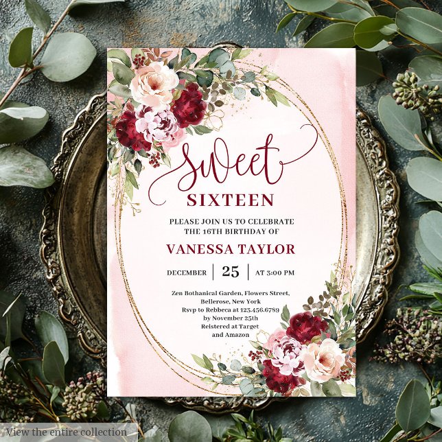 Modern Gold Burgundy Floral Sweet Sixteen Card Inbjudningar (Modern Gold Burgundy Floral Sweet Sixteen Card)