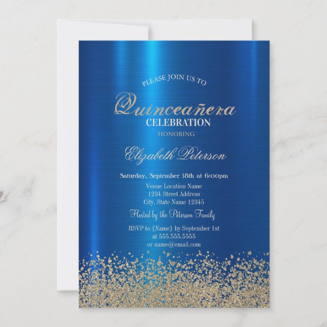 Modern Gold Diamonds Blue Metallic Quinceañera Inbjudningar (Framsida)
