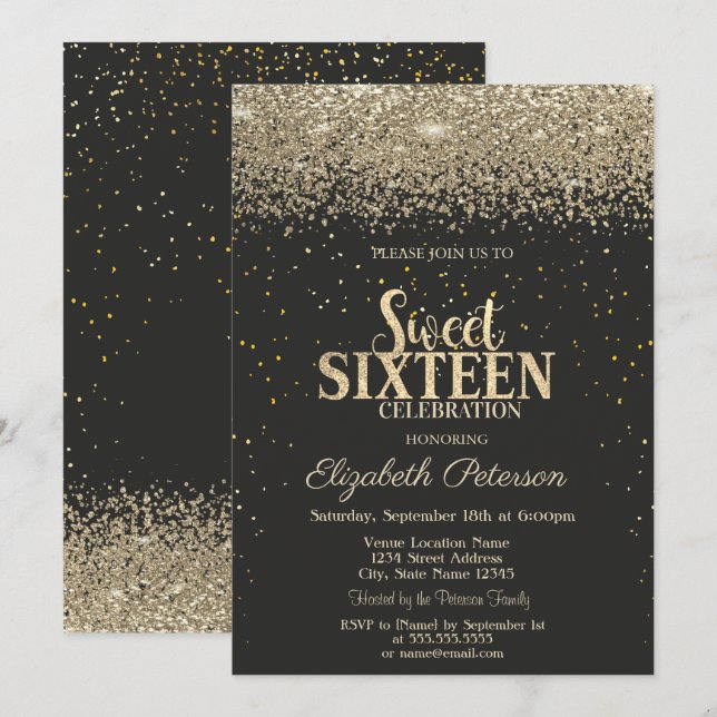 Modern Gold Diamonds Konfetti Svart Sweet 16 Inbjudningar (Fram/baksida)