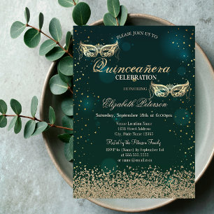 Modern Gold Diamonds Masque Grön Quinceañera Inbjudningar
