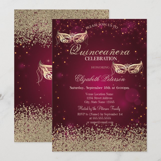 Modern Gold Diamonds Masque Röd Quinceañera Inbjudningar (Fram/baksida)