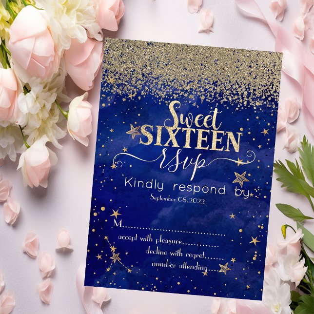 Modern Gold Diamonds Stars Blå Sweet 16 RSVP   Inbjudningar (Skapare uppladdad)