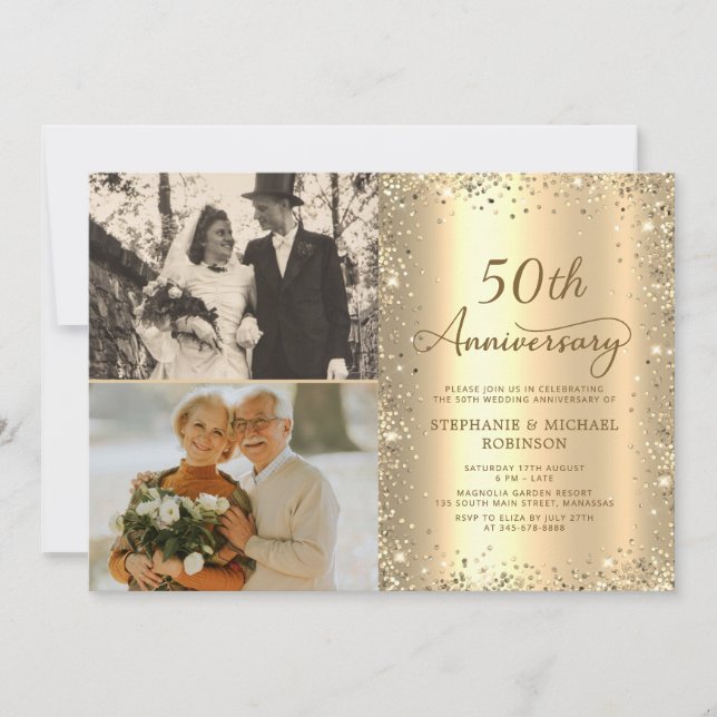 Modern Gold Glitter Photo 50th Wedding Anniversary Inbjudningar (Framsida)