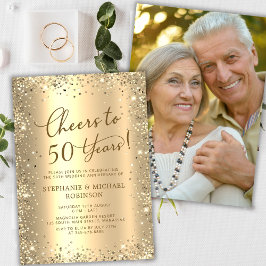 Modern Gold Glitter Photo 50th Wedding Anniversary Inbjudningar