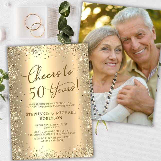 Modern Gold Glitter Photo 50th Wedding Anniversary Inbjudningar (Skapare uppladdad)