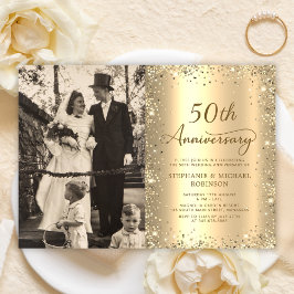Modern Gold Glitter Photo 50th Wedding Anniversary Inbjudningar